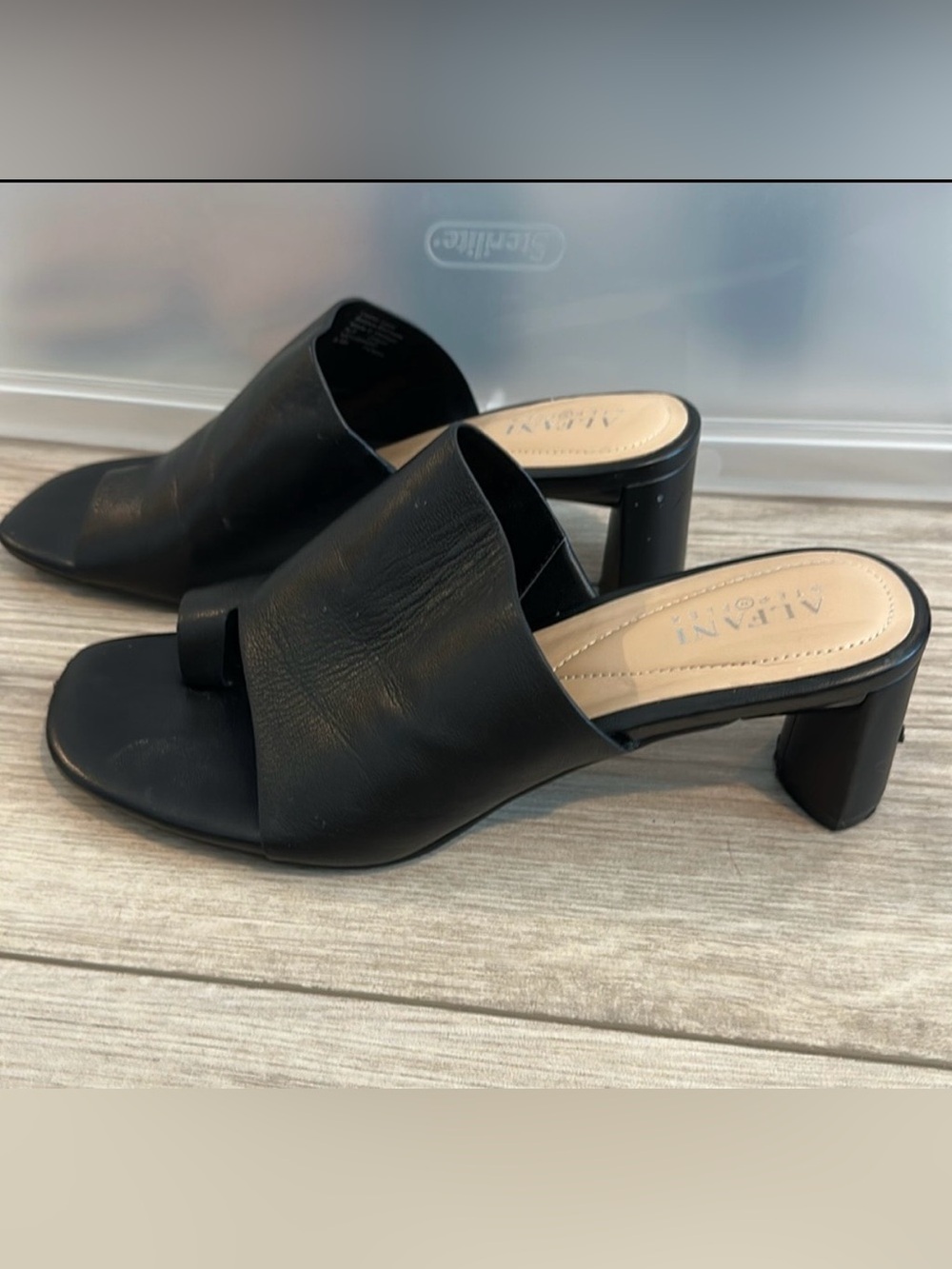 Alfani Black Leather Open-Toe Block Heel Mules